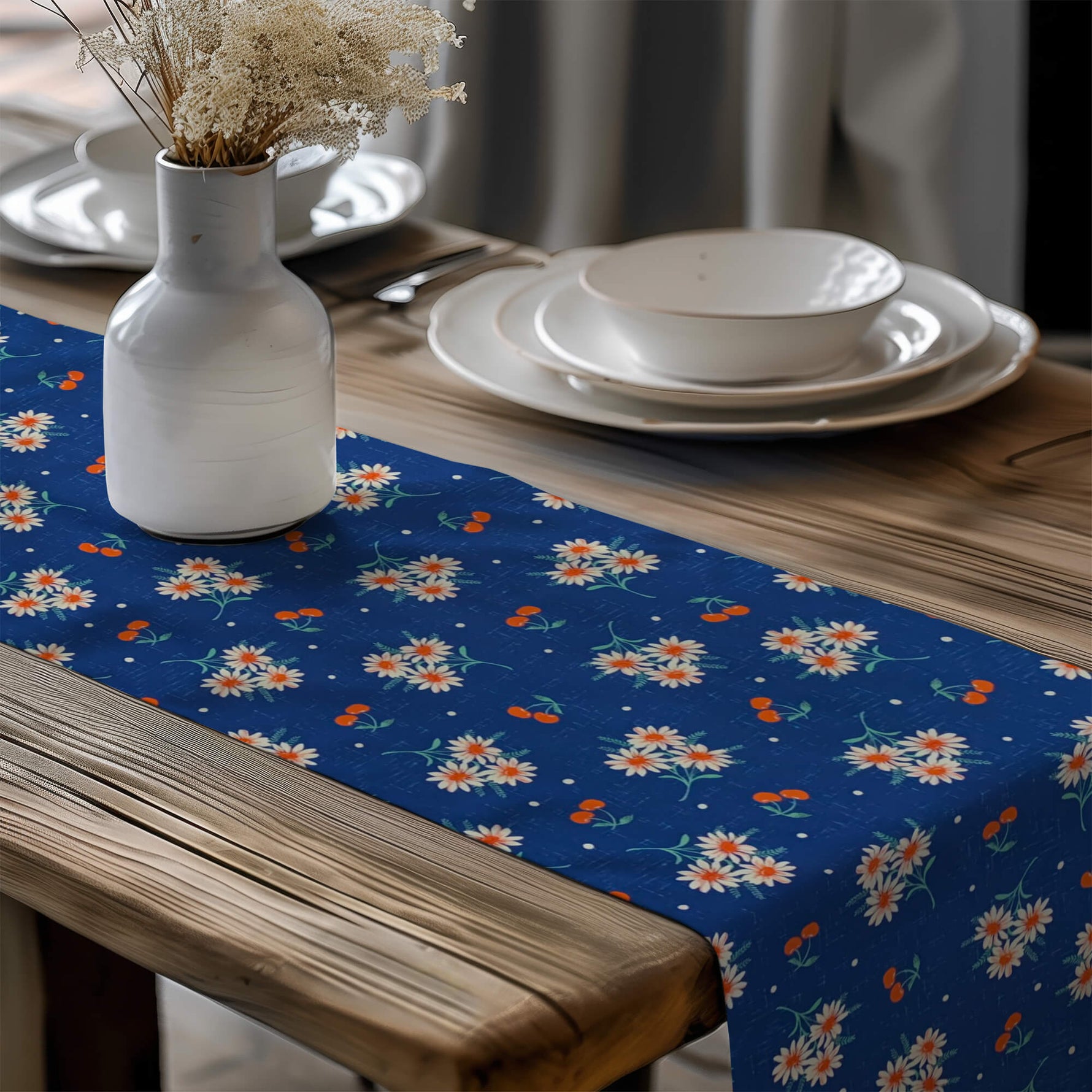 Vintage Daisy Table Runners – Yellow & Delft Blue