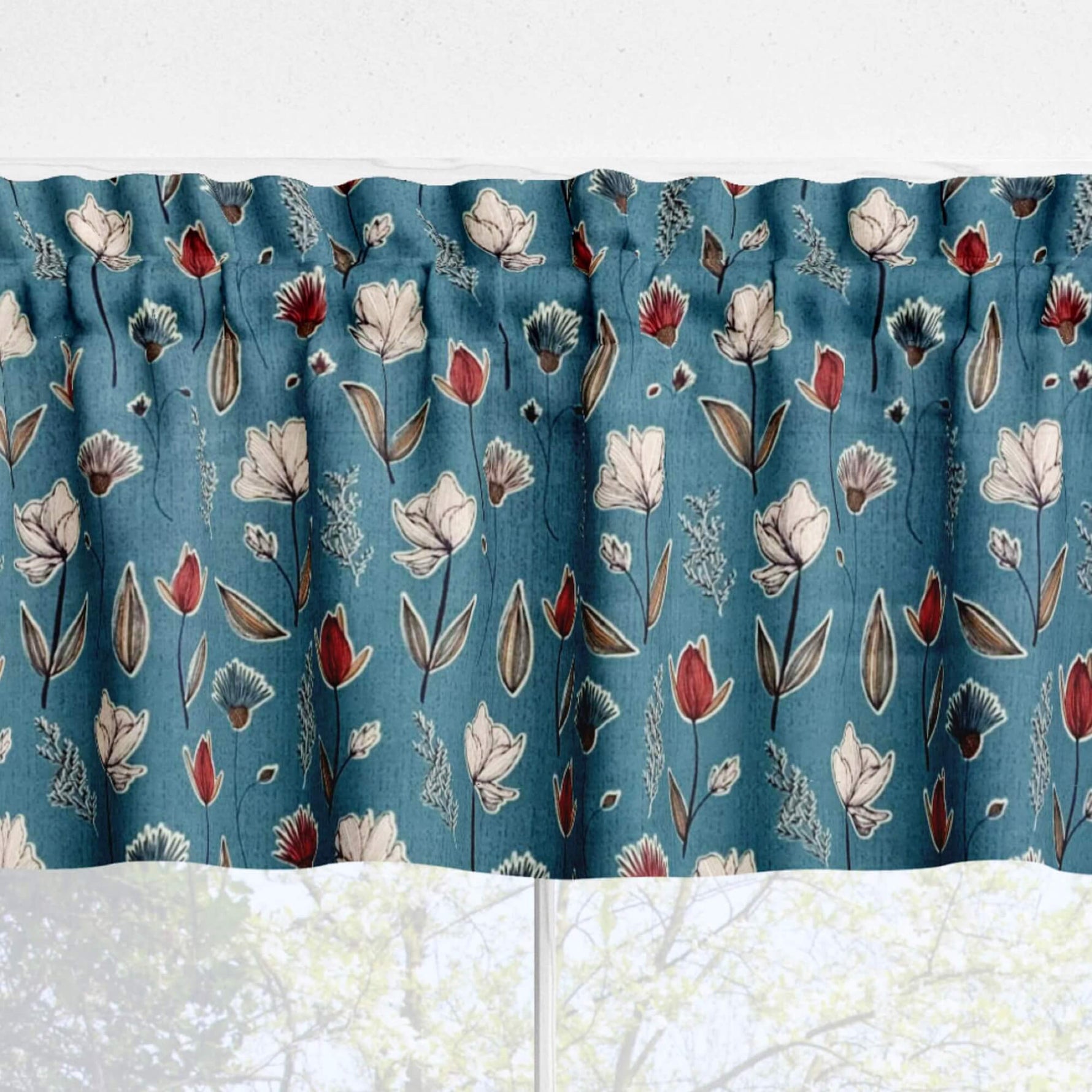 Wildflowers Green and Blue Floral Valances and Cafe Curtains