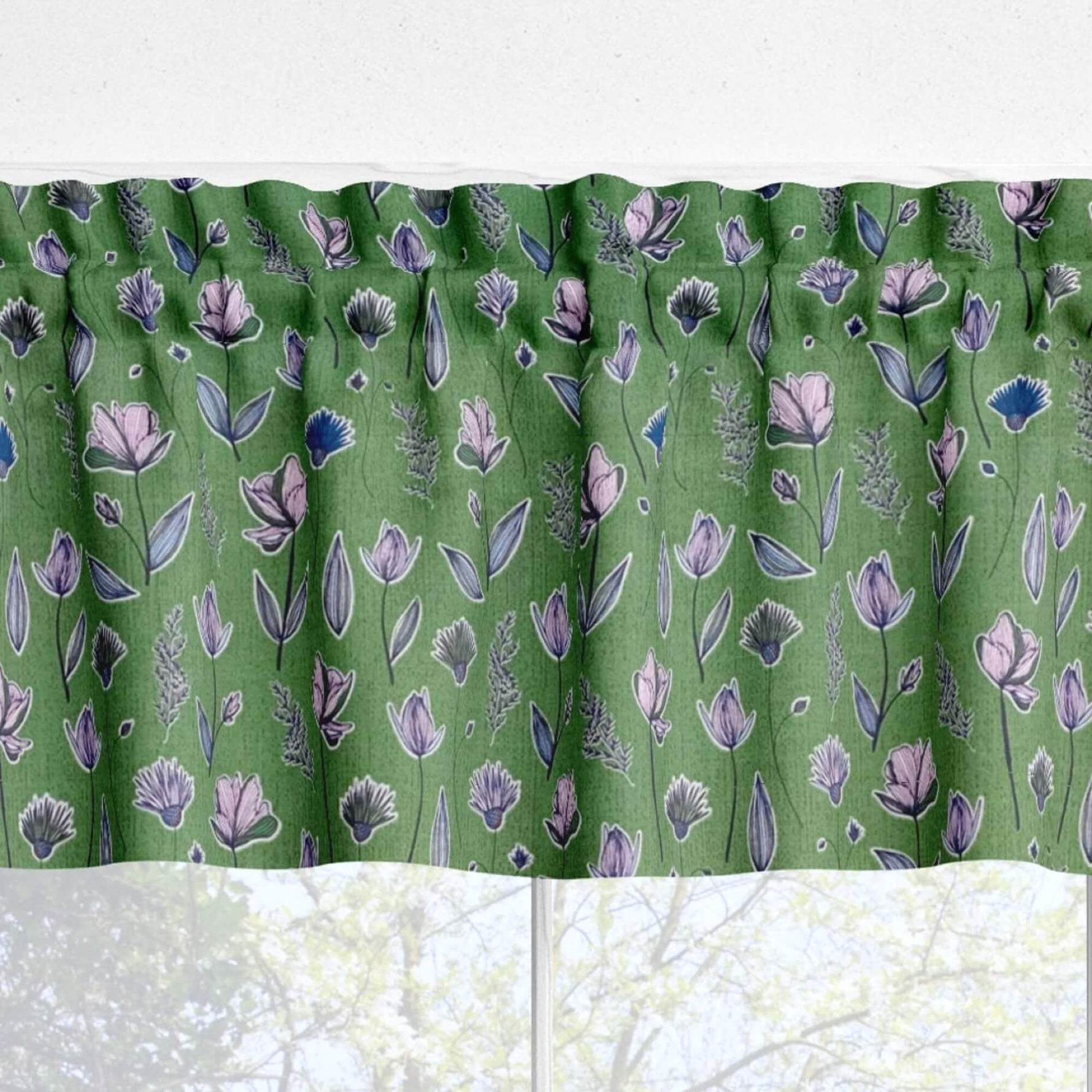 Wildflowers Green and Blue Floral Valances and Cafe Curtains