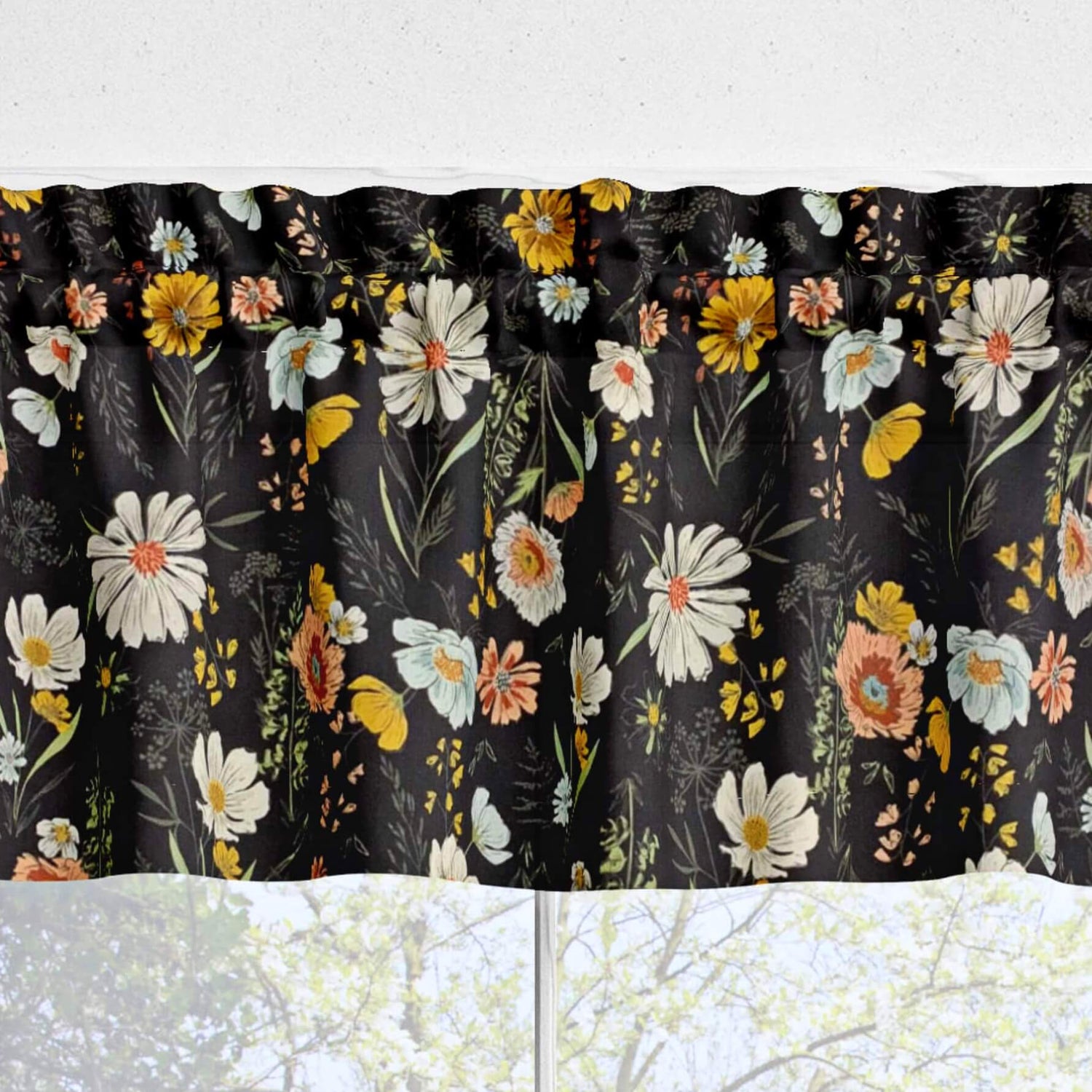 Woodland Wildflowers Floral Kitchen Valances and Cafe Curtains Black