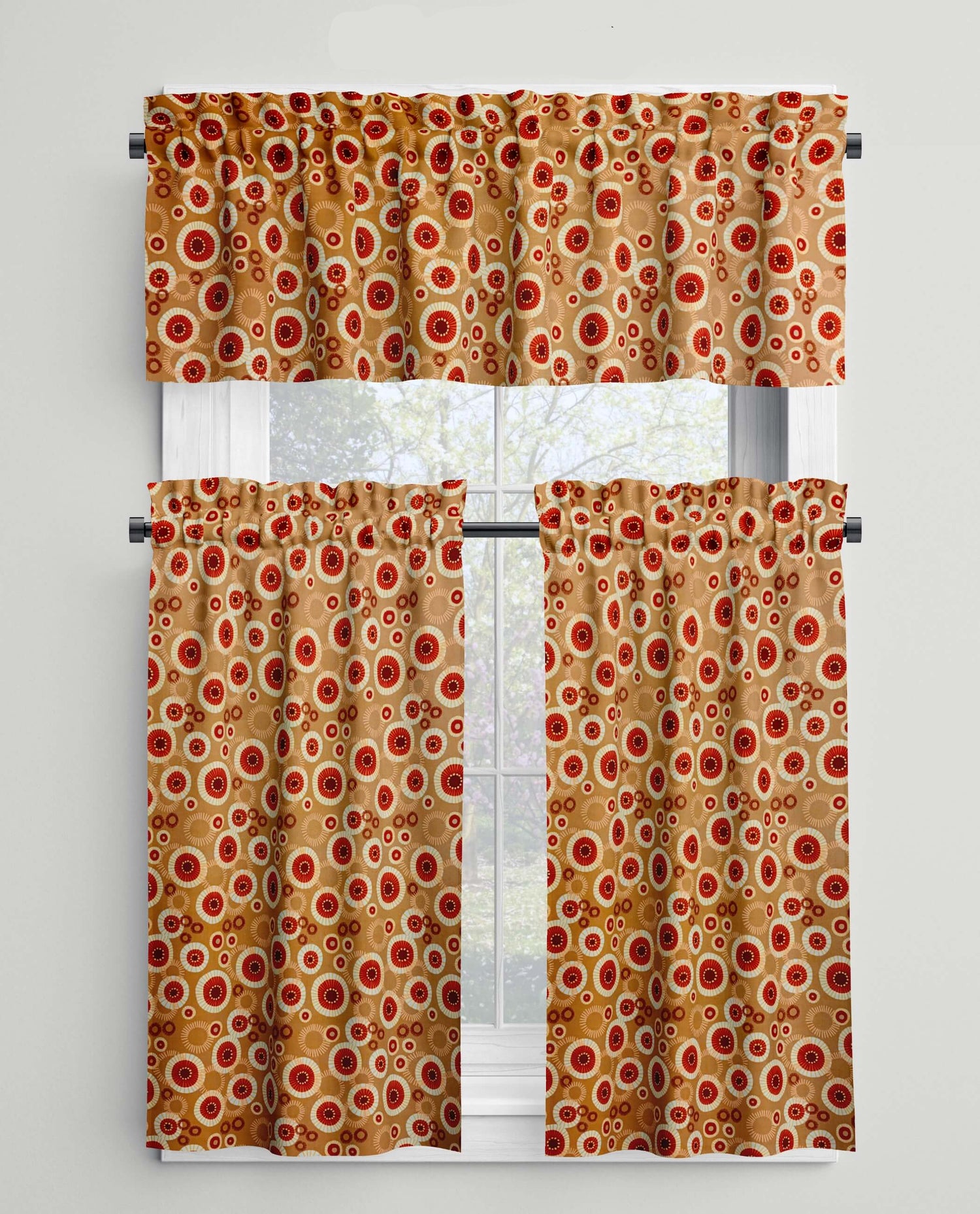 Modern Medallion Sunburst Rod Pocket Valances and Cafe Curtains