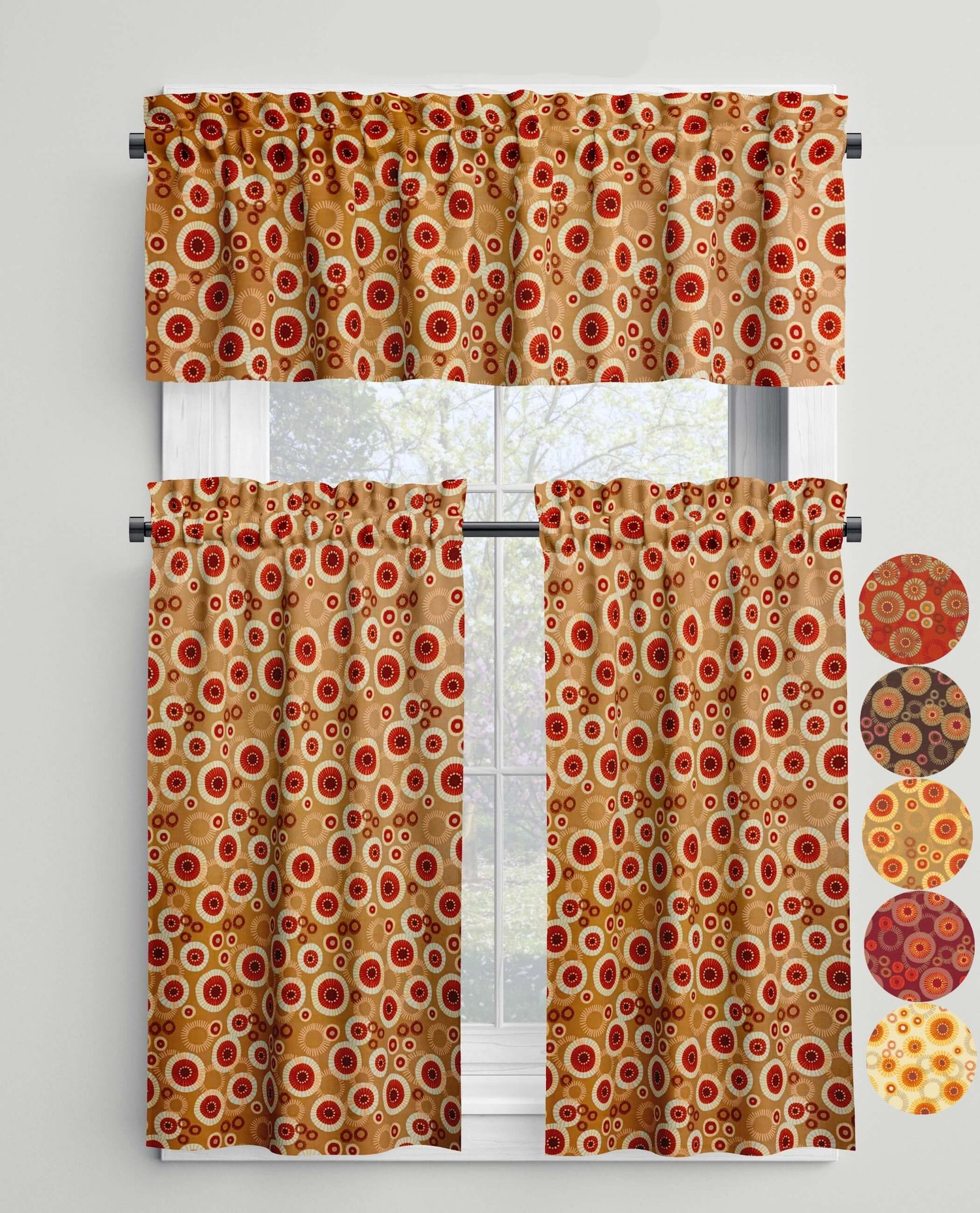 Modern Medallion Sunburst Rod Pocket Valances and Cafe Curtains