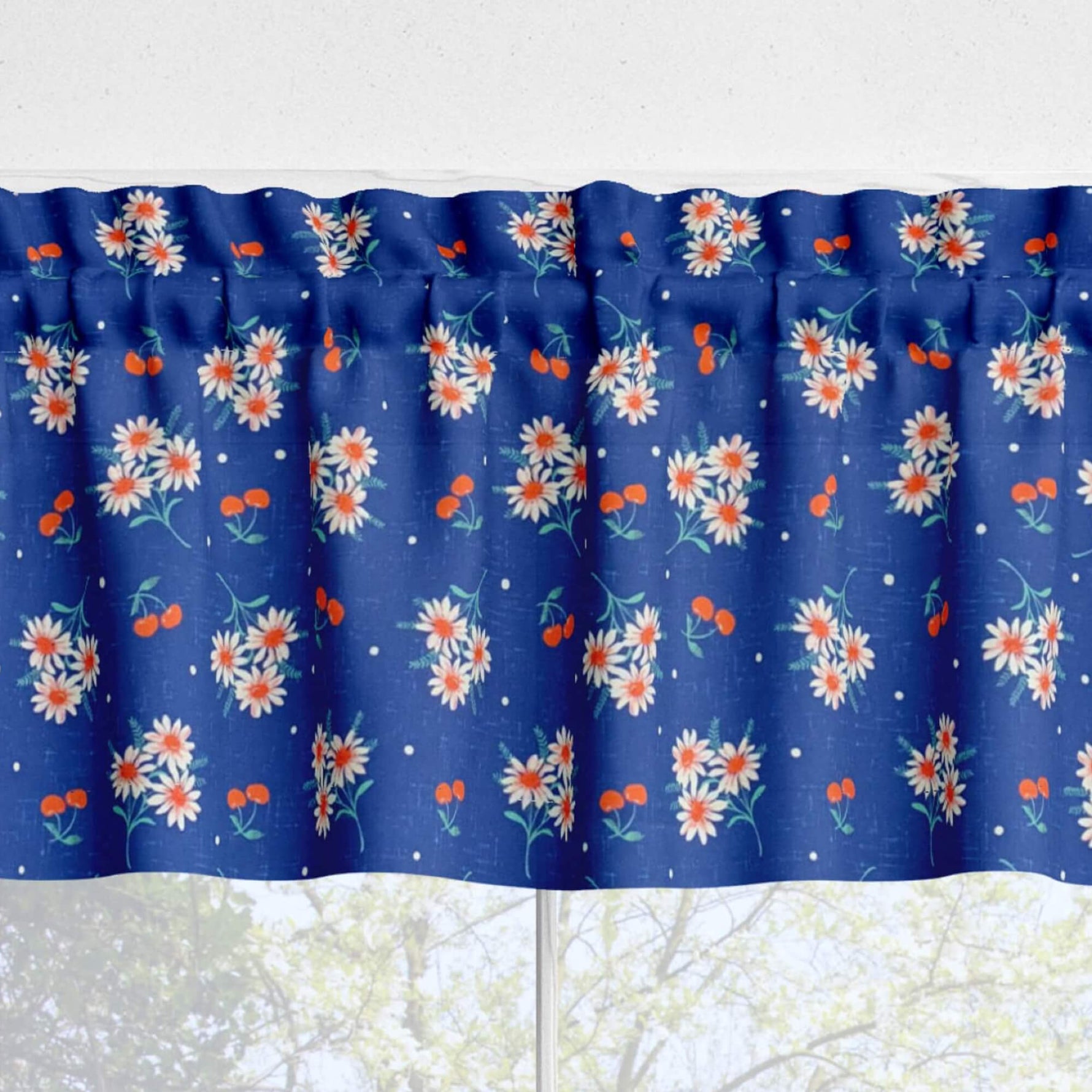 Yellow and Blue Cherry Daisy Valances – Vintage Kitchen Window Treatments