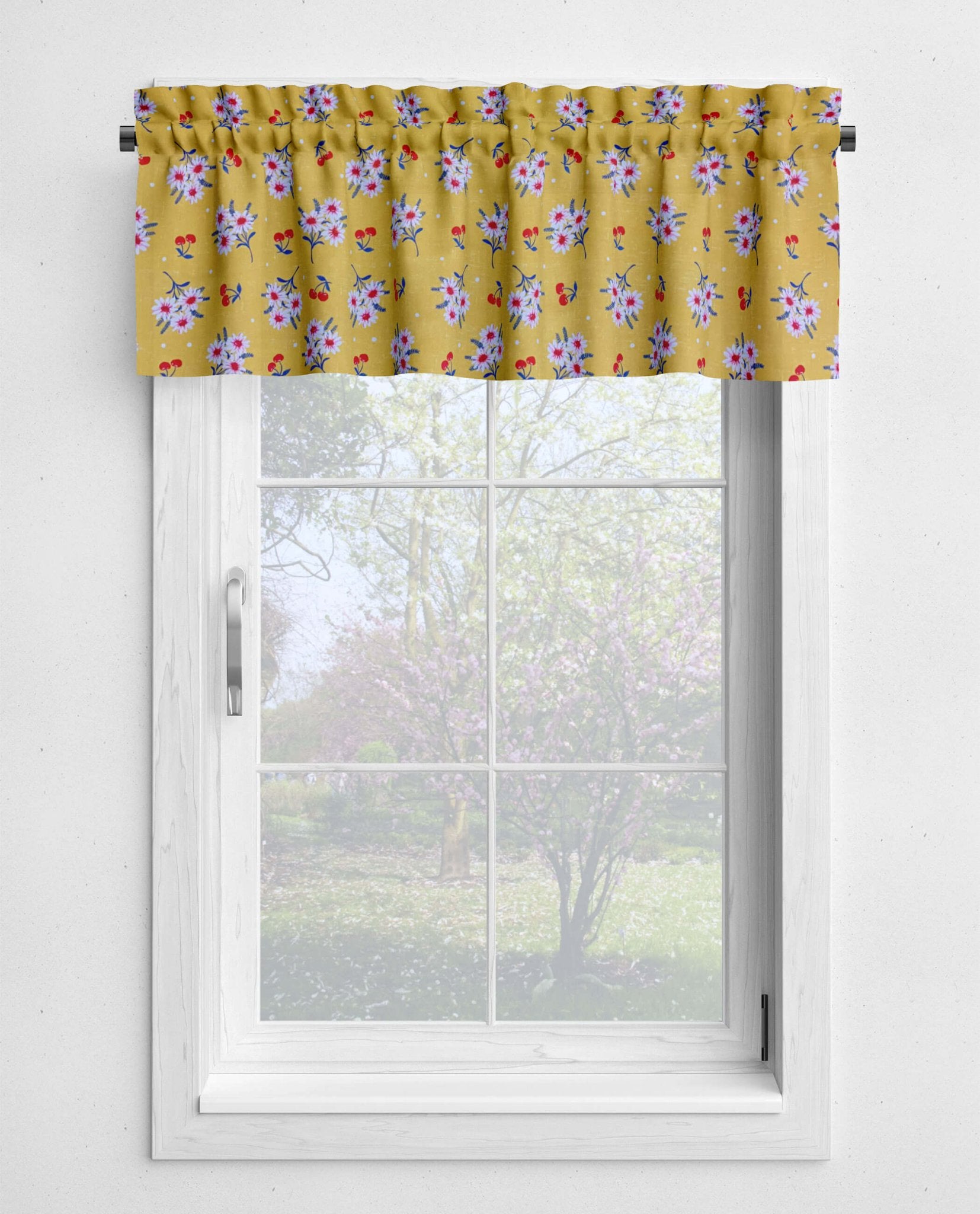 Yellow and Blue Cherry Daisy Valances – Vintage Kitchen Window Treatments