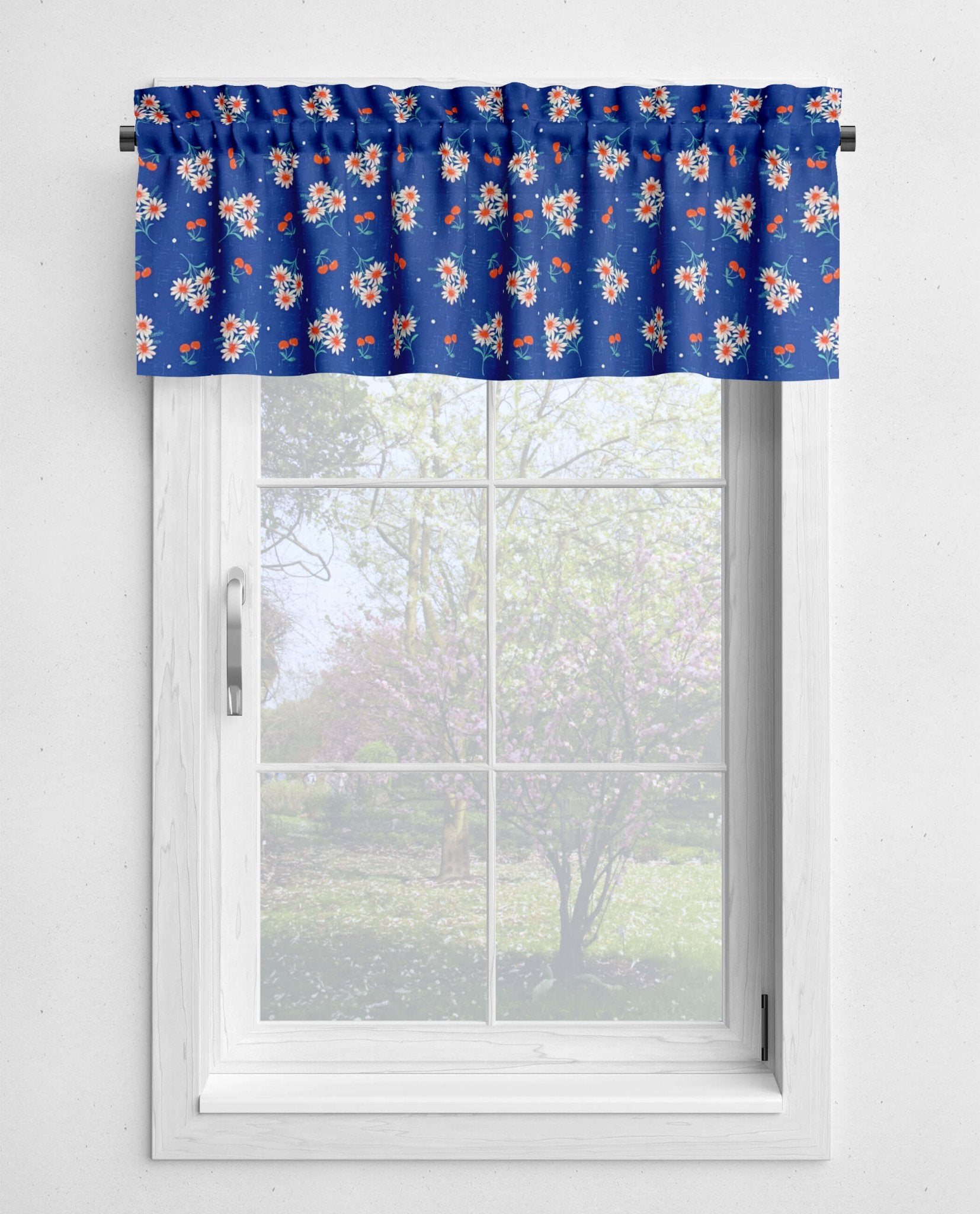 Yellow and Blue Cherry Daisy Valances – Vintage Kitchen Window Treatments